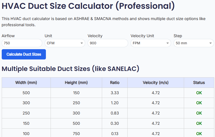 HVAC Duct Size Calculator