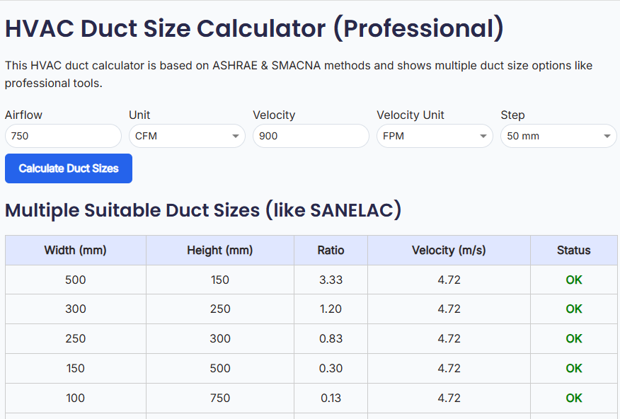 HVAC Duct Size Calculator